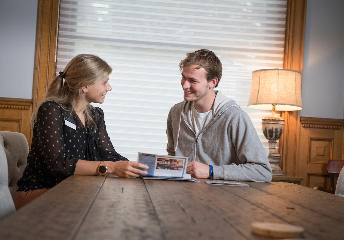 Admission counselors talk with students in the Admission House as seen October 21, 2019 during the Creosote Affects photo shoot at Washington &amp; Jefferson College.